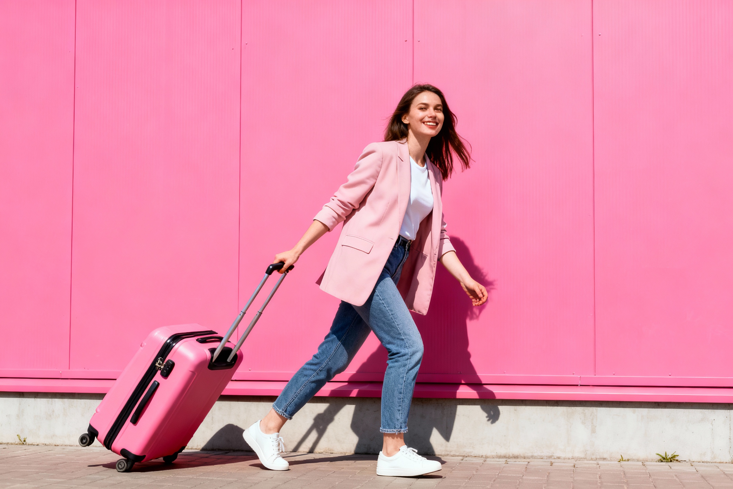 Человек в розовом пиджаке идёт с розовым чемоданом на фоне яркой стены