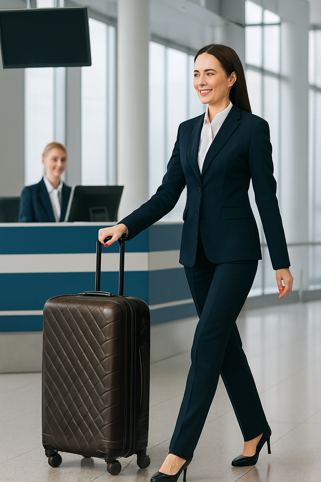 Человек в деловом костюме идёт с чемоданом по современному аэропорту, рядом стойка регистрации