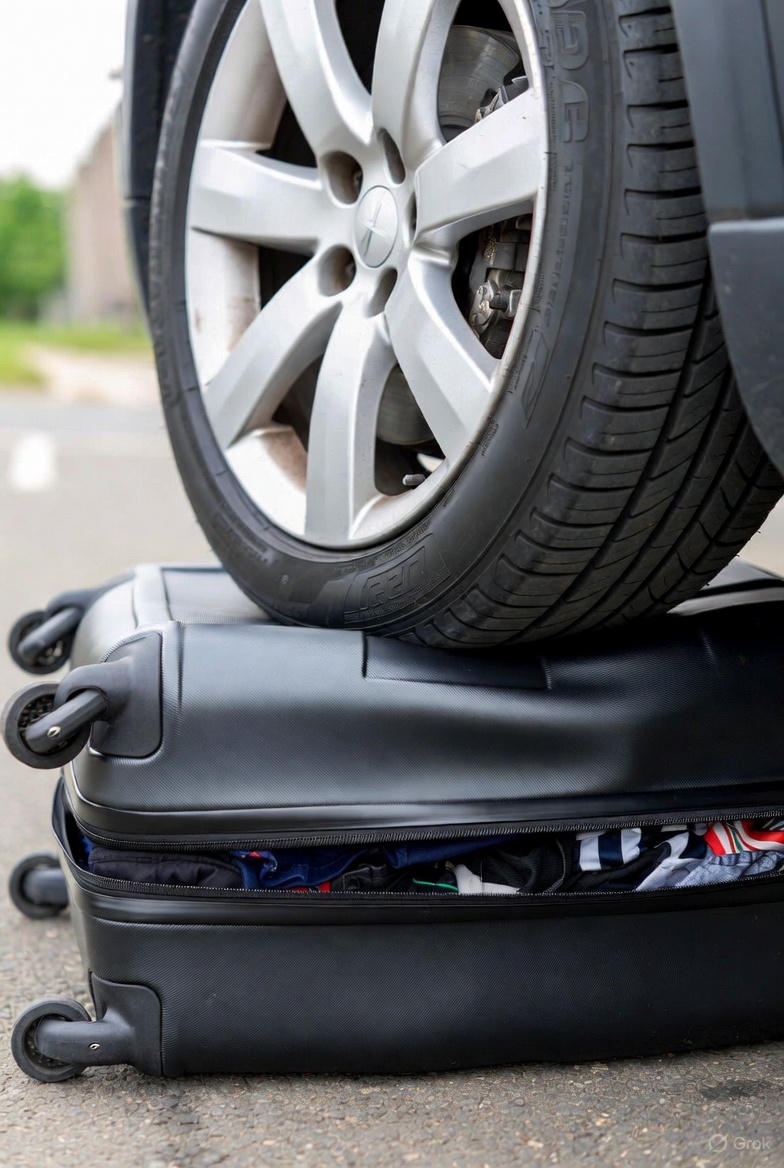 Прочный полипропиленовый корпус чемодана под колесом автомобиля - демонстрация