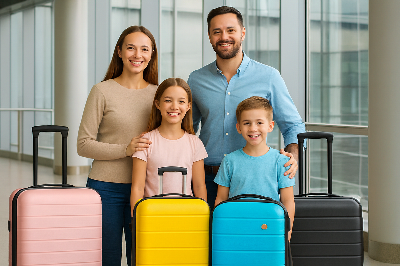 Семья из 2 взрослых и 2 детей с чемоданами разных цветов в аэропорту