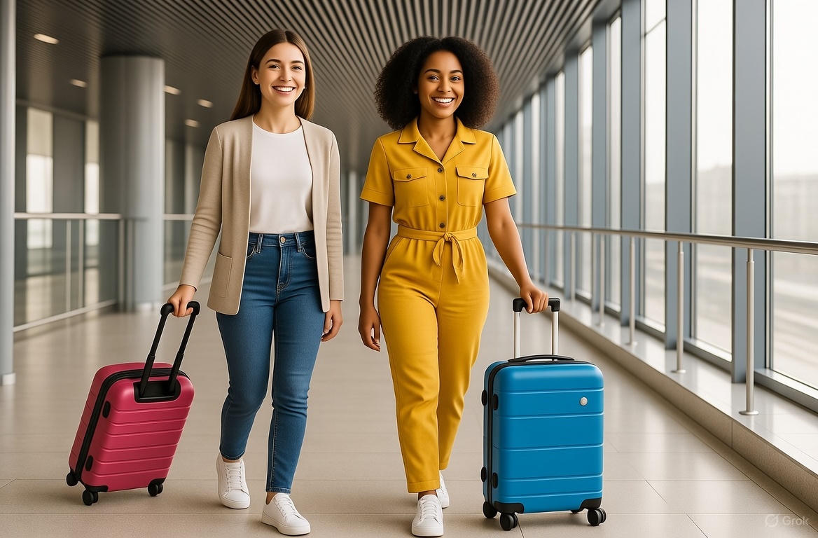 Два человека идут по светлому аэропорту с чемоданами — один розовый, другой синий.